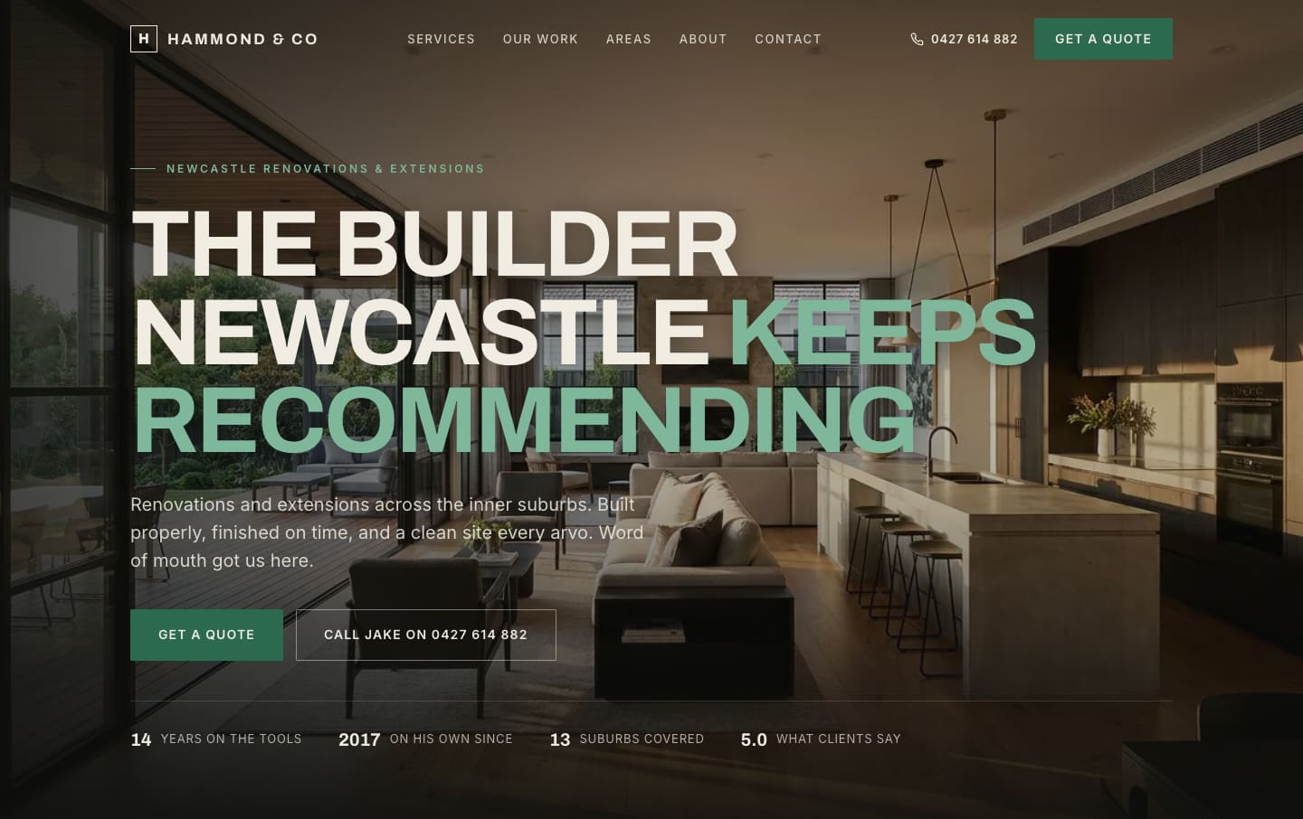 The Hammond and Co Building website, a Newcastle renovations and extensions builder, shown on a desktop browser